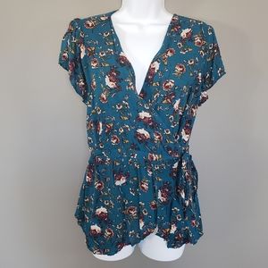 Teal Flowy Floral Wrap Top